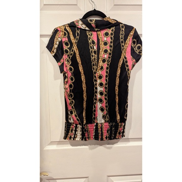 CacheY2 K Silk black pink gold chain print cowl neck short sleeve top Sz S - Picture 8 of 9